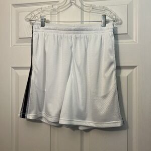 White Mesh Athletic Basketball Shorts with Side Stripe and Drawstring Waist
